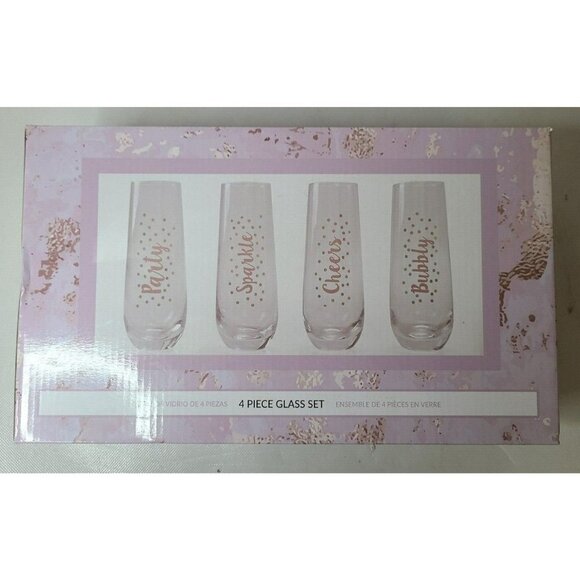 4 Piece Glass Set Party Sparkle Cheers Bubbly Rose Gold Letters Confetti 8oz NEW - Picture 1 of 6